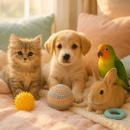 Cat, dog and puppy with easter eggs on the bed.