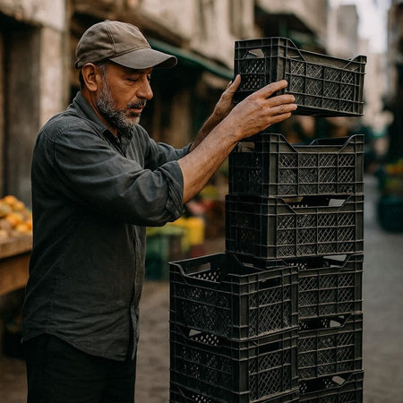 Handsome man in a cap and black t-shirt is checking the quality of a metal box in a market.