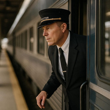A man in a suit and a cap stands near the train.