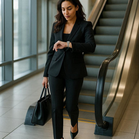 Full length portrait of businesswoman in formal wear looking at wristwatch while walking down...