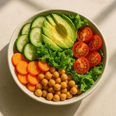 Vegetarian salad with chickpeas, avocado, cucumber and tomato in bowl