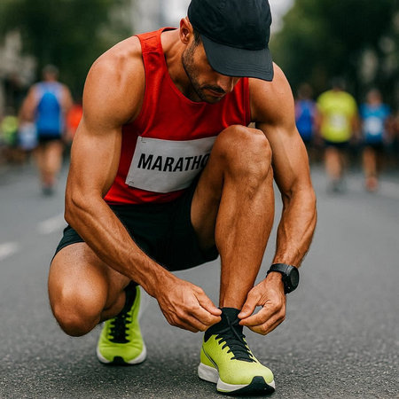 Runner tying shoelaces on sneakers. Athlete tying shoelaces before running.