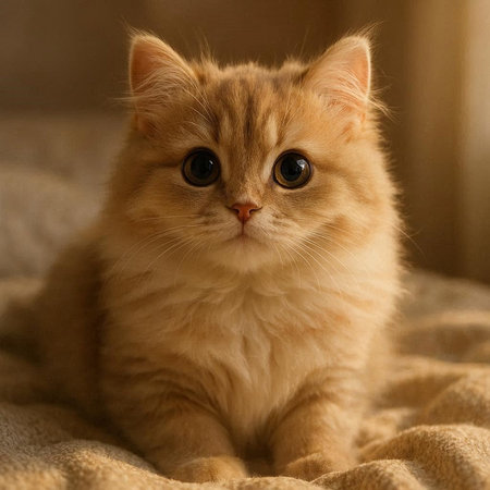 Cute ginger cat sitting on the bed and looking at the camera
