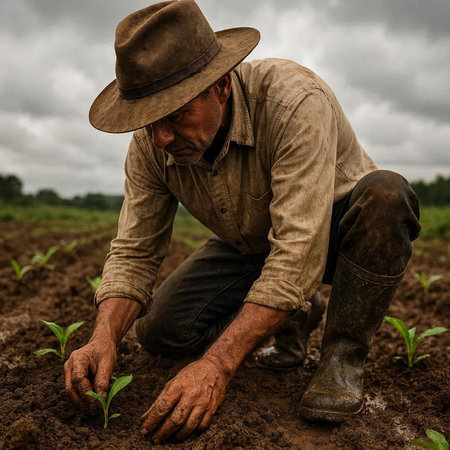 Farmer working in the field, planting young seedlings in the ground