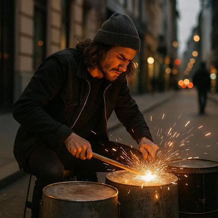 Young man with a beard in a black jacket and gray hat is making sparklers on the street.