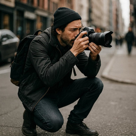Handsome bearded man in a black jacket and hat with a camera