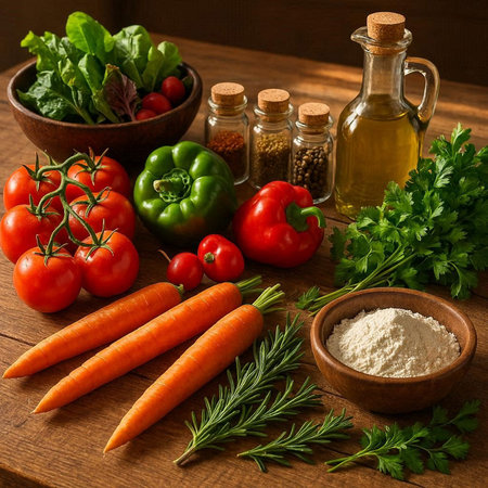 Composition with fresh vegetables on wooden table. Healthy food background.