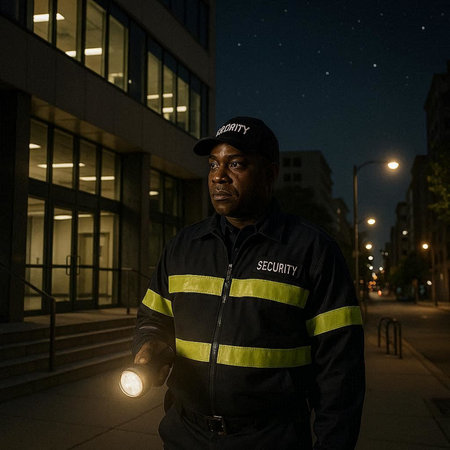 Portrait of an African American security guard at night in the city.