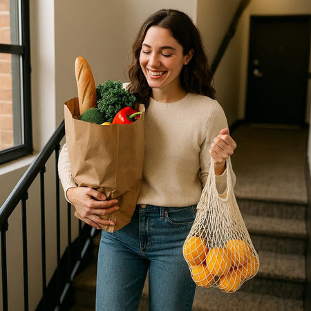 Portrait of a happy young woman holding grocery bag with groceries at home