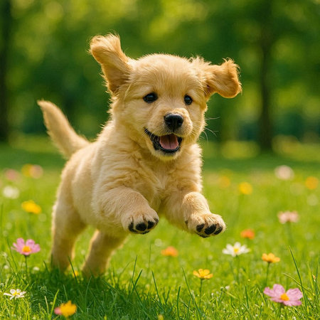 Funny golden retriever puppy running on the green grass with flowers