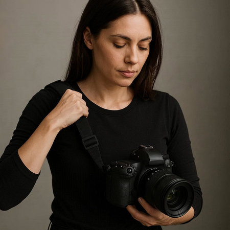 Portrait of a young woman with a camera on a gray background