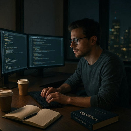 Handsome young programmer working at night in a dark room with a computer and a cup of coffee