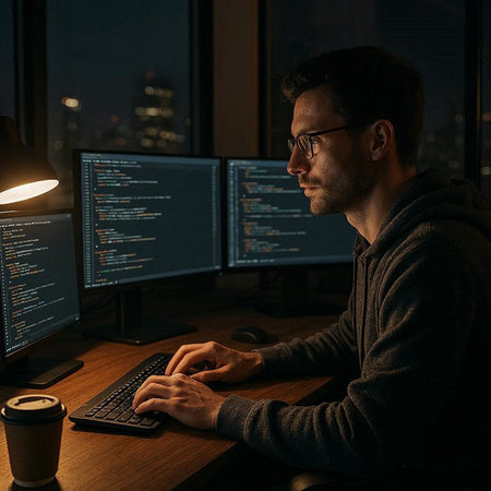Side view of young male programmer in eyeglasses working on computer at night in dark office