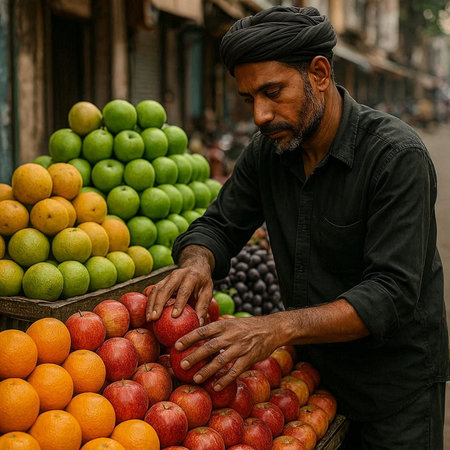 Indian man selling fruits at the street market in Mumbai, India.