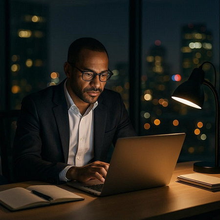 Portrait of confident African-American businessman working on laptop at night