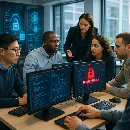 Multiethnic team of software developers working together on computer screens in office