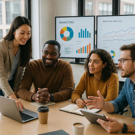 multiethnic businesspeople using digital tablet and smiling at camera during meeting in office