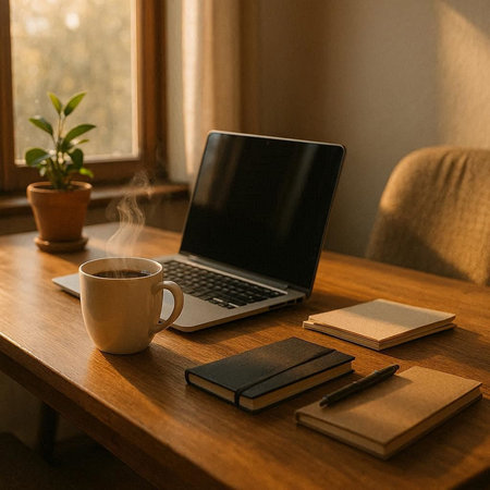 Laptop and coffee cup on wooden table in front of window.の写真素材