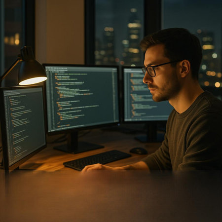 Side view of young man in eyeglasses using computer at night