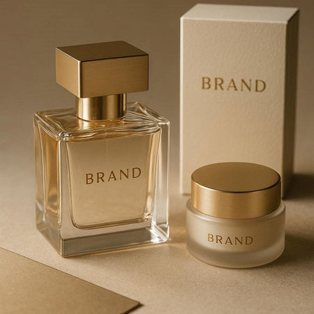 Bottle of perfume with label on beige background. Closeup