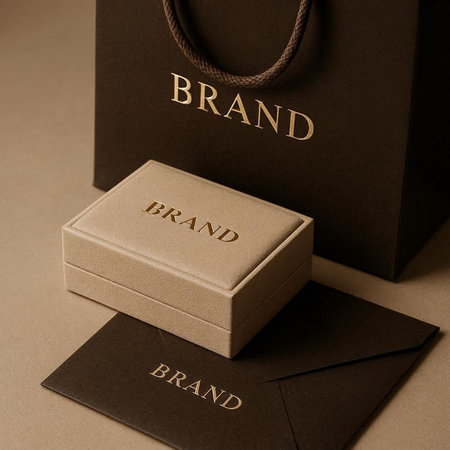 Box with brand name and black paper bags on a brown background.