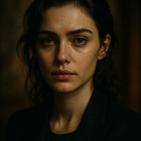 Portrait of a beautiful young woman in a dark room with lights