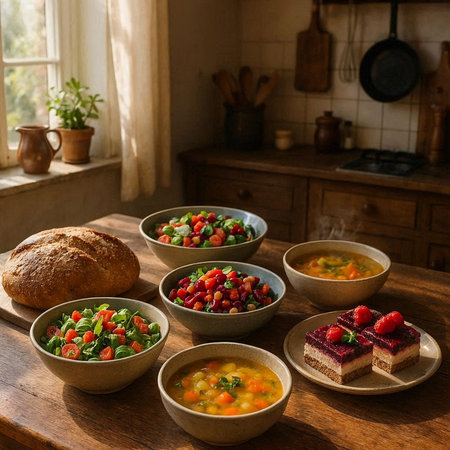 Bowls of fresh fruit and vegetable soup served on wooden table