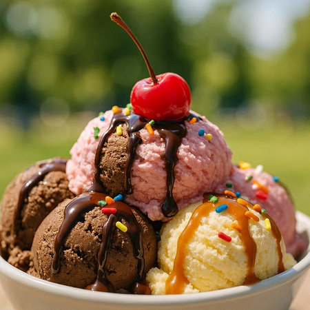 Ice cream with cherry and chocolate on a background of green grass.