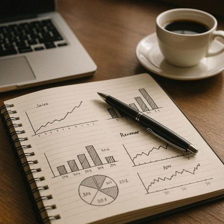 Notebook with pen and cup of coffee on wooden table, business concept