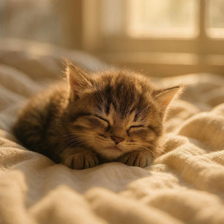 Cute tabby kitten sleeping on the bed in the sunlight.