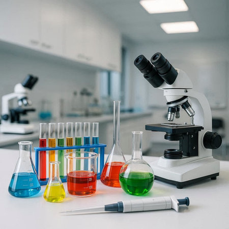 Laboratory glassware with colorful liquid and microscope on table in laboratory