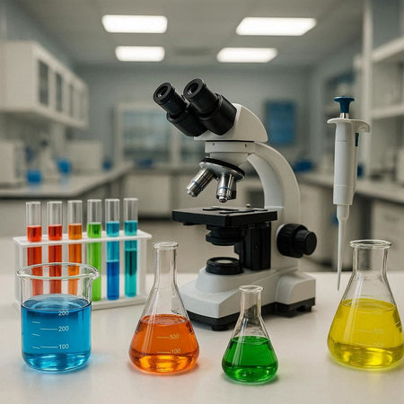 Laboratory glassware with colorful liquids and microscope, science research concept