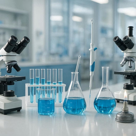 Laboratory glassware with blue liquid and microscope in the background, science research concept