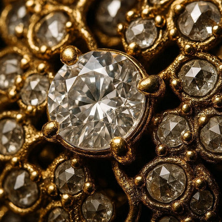 jewelry diamond ring on gold background macro close up. luxury jewelryの写真素材
