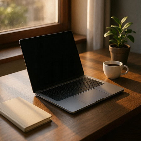 Laptop with black screen and coffee cup on wooden table near window