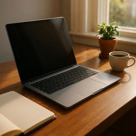 Laptop with blank screen on wooden table with notebook and cup of coffee