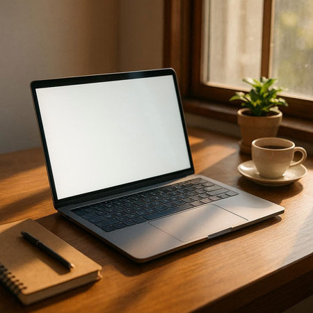 Laptop with blank screen on wooden table with coffee cup and notebook