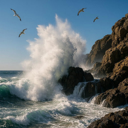 Waves crashing against the rocks on the coast of Atlantic ocean in Portugal