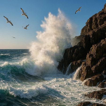 Seascape with waves crashing on the rocks and seagulls