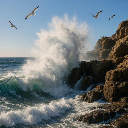 Seascape with waves crashing on the rocks and seagulls