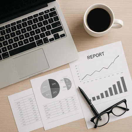 Top view of business workplace with laptop, coffee cup and financial reports. Accounting