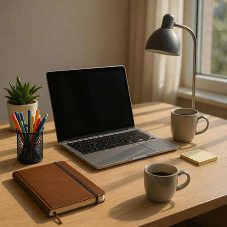 Laptop, coffee cup and notebook on wooden table in home office