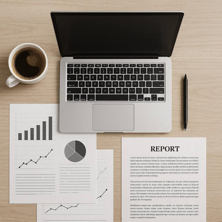 Top view of modern workplace with laptop, coffee cup and document. Mock up