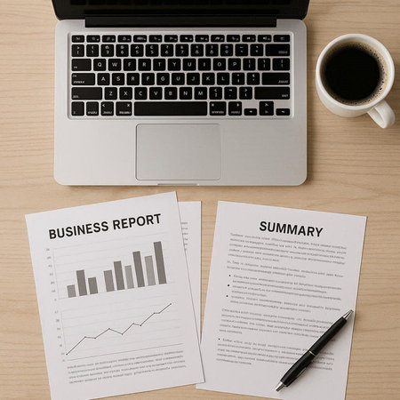 Top view of business report and laptop on wooden table. Business concept.