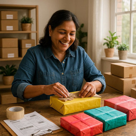 Mixed race woman packing a gift box in her home office.