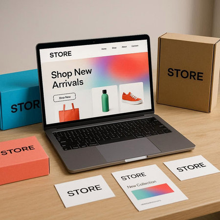 Laptop with store app on the screen. Online shopping concept.