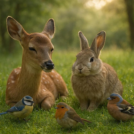 Rabbits and a roe deer in the meadow.