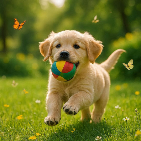 Golden Retriever puppy playing with a ball in the park.の写真素材