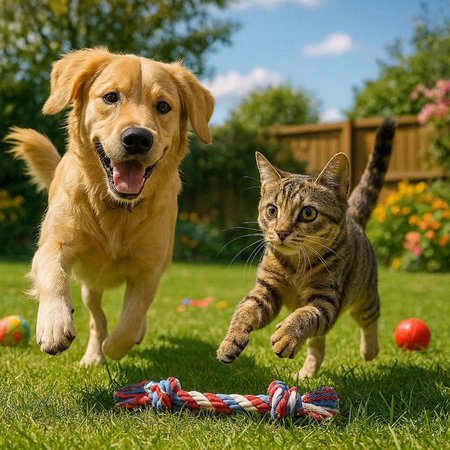 Golden Retriever and cat playing with a rope in the garden