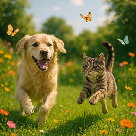 Cat and dog playing together in the meadow with flowers and butterflies